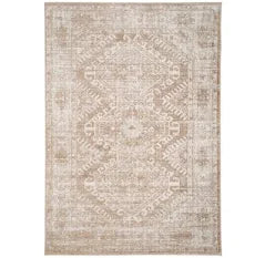 Neutral Beige Bordered Geometric Distressed Area Rug