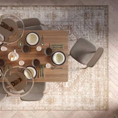 Neutral Beige Bordered Geometric Distressed Area Rug