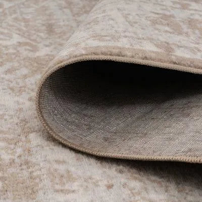 Neutral Beige Bordered Geometric Distressed Area Rug