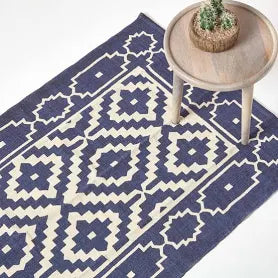 Homescapes Halmstad Blue and White Scandi Style 100% Cotton Printed Rug