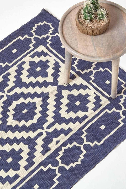 Homescapes Halmstad Blue and White Scandi Style 100% Cotton Printed Rug
