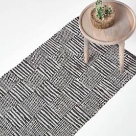 Homescapes Real Leather Handwoven Striped Block Check Rug