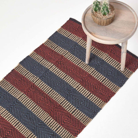 Homescapes Red and Blue Geometric Patterned Jute Rug - Red and Blue / 200cm