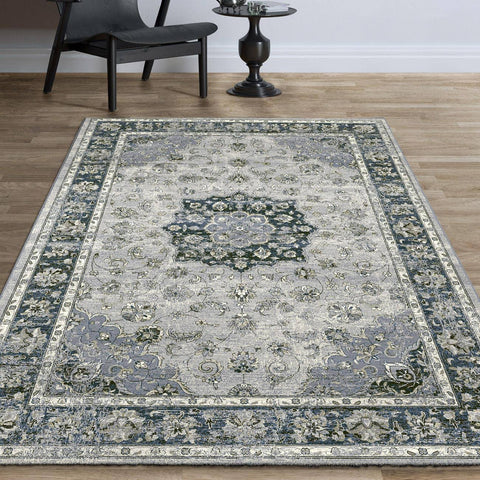 Da Vinci 057 0559 9686 Stain Resistant Bordered Floral Traditional Blue Grey Rug for Bedroom & Dining Room-160X230