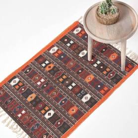 Homescapes Cotton Kilim Printed Rug Terracotta Black and Brown Design