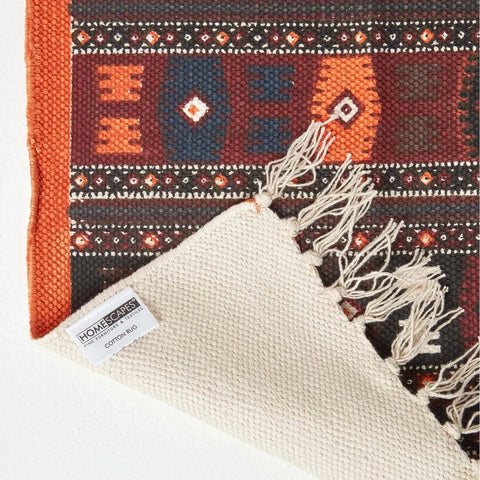 Homescapes Cotton Kilim Printed Rug Terracotta Black and Brown Design