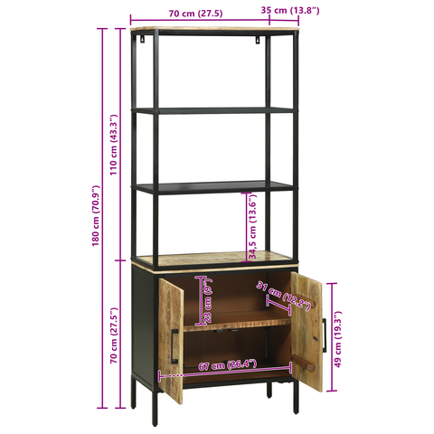vidaXL Highboard 70x35x180 cm Solid Rough Wood Mango