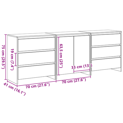 vidaXL 3-Piece Sideboards in Black Oak Engineered Wood