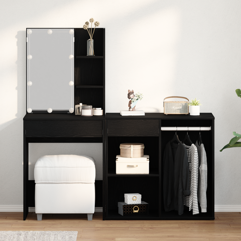 vidaXL Dressing Table with LED & Cabinet Black Oak Engineered Wood