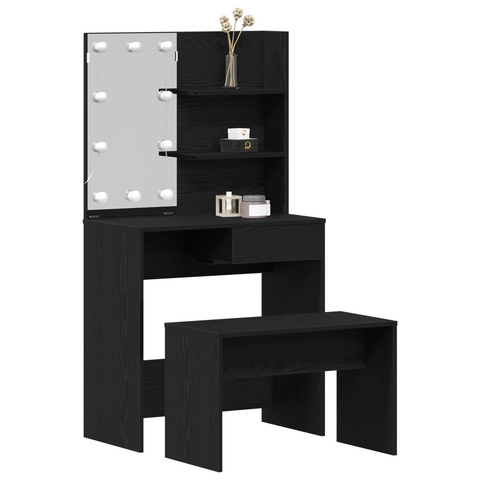 vidaXL Dressing Table Set with LED Black Oak Engineered Wood