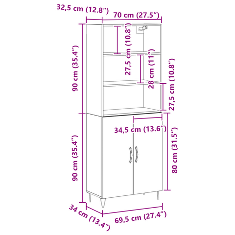 vidaXL Highboard Black Oak 69.5x34x180 cm Engineered Wood