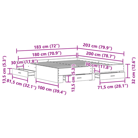 vidaXL Bed Frame with Drawers Artisan Oak 180x200 cm Engineered Wood