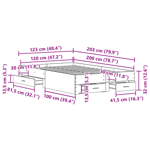 vidaXL Bed Frame with Drawers Old Wood 120x200 cm Engineered Wood