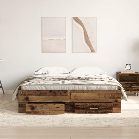 vidaXL Bed Frame with Drawers Old wood Engineered wood 140 x 190 cm
