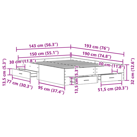 vidaXL Bed Frame with Drawers Black oak Engineered wood 140 x 190 cm