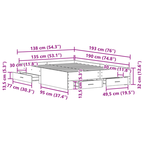 vidaXL Bed Frame with Drawers Old Wood 135x190 cm Engineered Wood