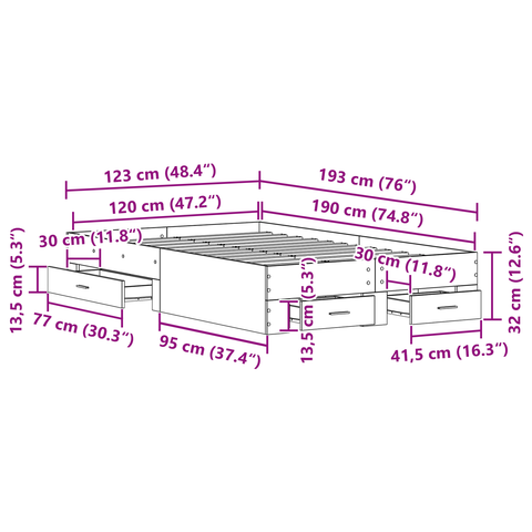 vidaXL Bed Frame with Drawers Black Oak 120x190 cm Engineered Wood
