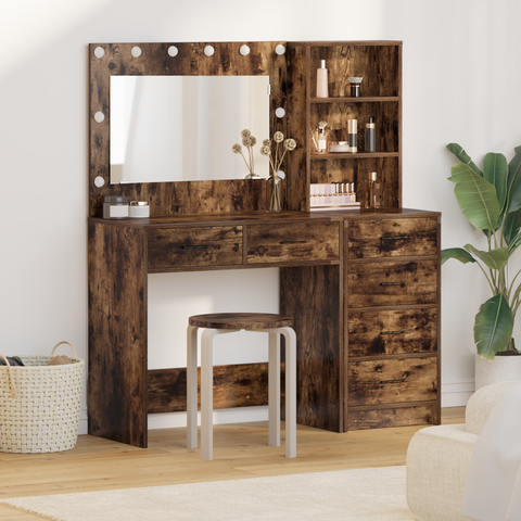 vidaXL 2 Piece Dressing Table Set with LED Smoked Oak Engineered Wood