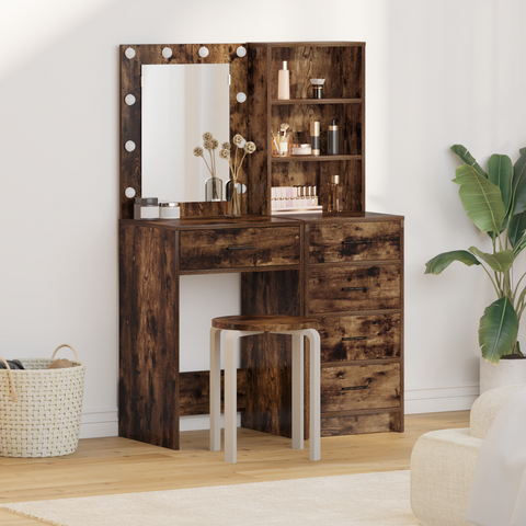 vidaXL 2 Piece Dressing Table Set with LED Smoked Oak Engineered Wood