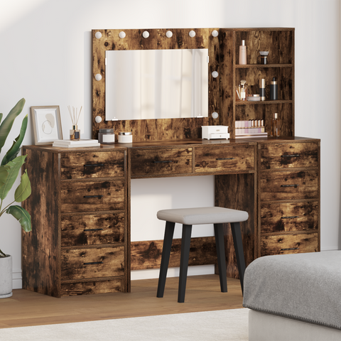 vidaXL 3-Piece Dressing Table Set with LED in Smoked Oak Engineered Wood