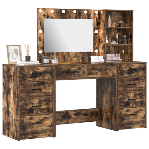 vidaXL 3-Piece Dressing Table Set with LED in Smoked Oak Engineered Wood