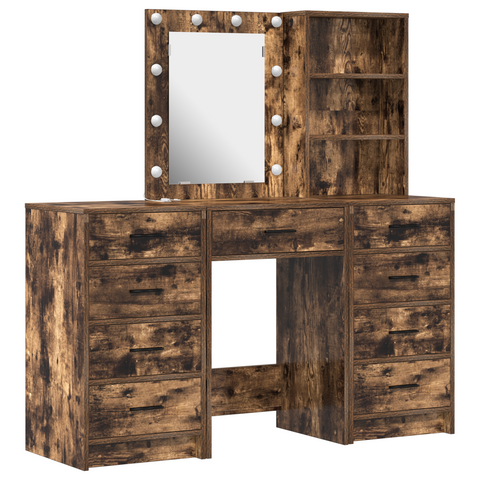 vidaXL 3-Piece Dressing Table Set with LED in Smoked Oak Engineered Wood