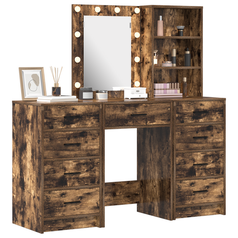 vidaXL 3-Piece Dressing Table Set with LED in Smoked Oak Engineered Wood