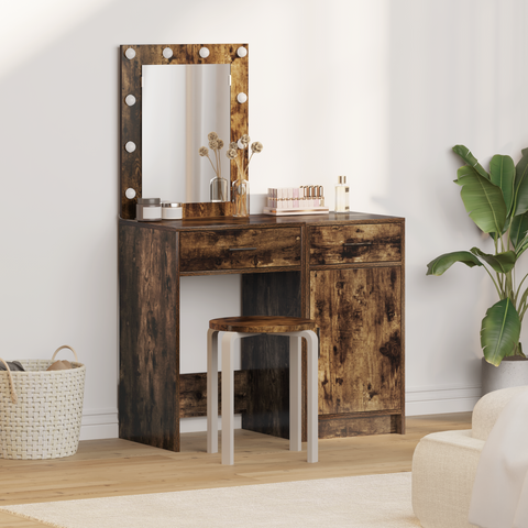 vidaXL 2 Piece Dressing Table Set with LED in Smoked Oak Engineered Wood