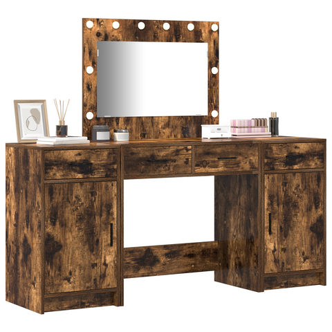 vidaXL 3-Piece Dressing Table Set with LED – Smoked Oak Engineered Wood