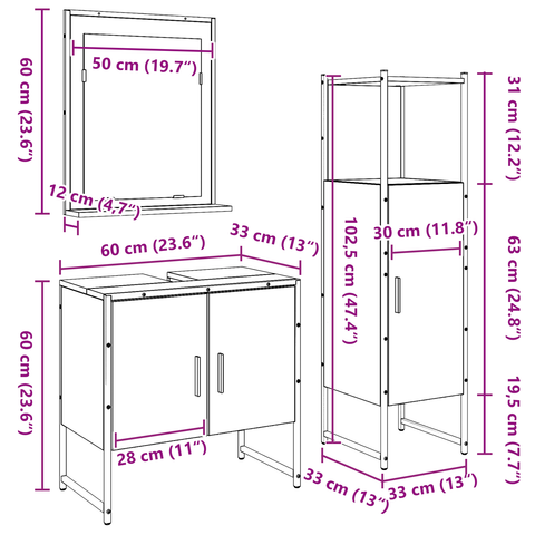 vidaXL 3 Piece Bathroom Cabinet Set Old Wood Engineered Wood
