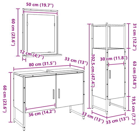 vidaXL 3 Piece Bathroom Furniture Set Old Wood Engineered Wood