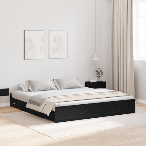 vidaXL Storage Bed Frame with Drawer with Headboard with Storage Black oak 200 x 200 cm