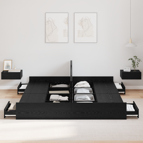 vidaXL Storage Bed Frame with Drawer with Headboard with Storage Black oak 200 x 200 cm