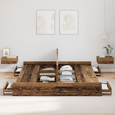 vidaXL Storage Bed Frame with Drawer with Headboard with Storage Old wood 200 x 200 cm