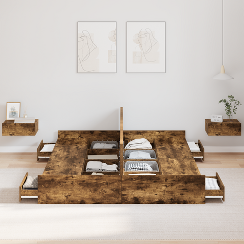 vidaXL Storage Bed Frame with Drawer with Headboard with Storage Smoked oak 150 x 200 cm