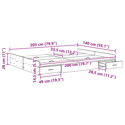 vidaXL Storage Bed Frame with Drawer with Headboard with Storage Sonoma oak 140 x 200 cm