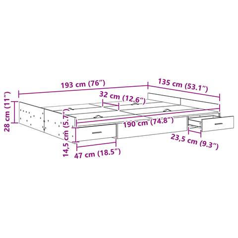vidaXL Storage Bed Frame with Drawer Sonoma oak 135 x 190 cm Melamine