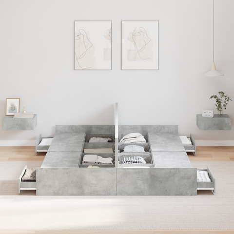 vidaXL Storage Bed Frame Concrete grey 135 x 190 cm Engineered wood