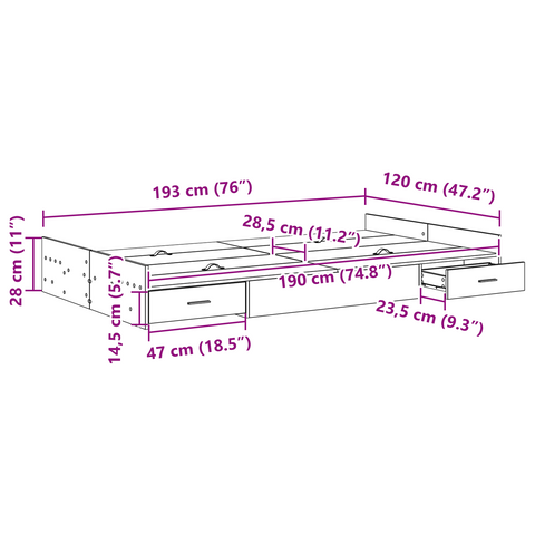 vidaXL Storage Bed Frame with Drawer with Headboard with Storage Concrete grey 120 x 190 cm MDF