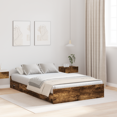 vidaXL Storage Bed Frame with Drawer with Headboard with Storage Smoked oak 120 x 190 cm Wood