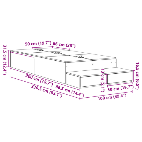 vidaXL Storage Bed Frame Grey Sonoma 100x200 cm