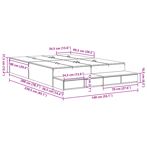 vidaXL Storage Bed Frame Grey Sonoma 140x200 cm