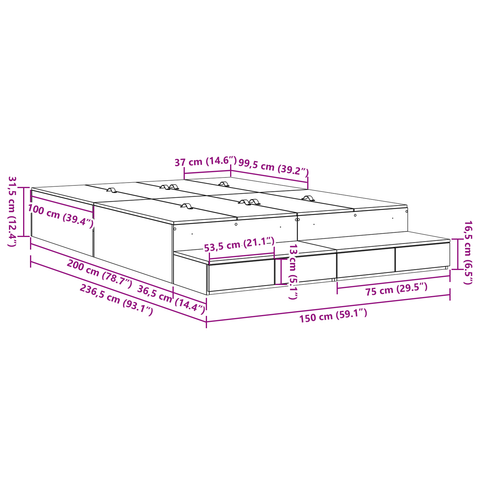vidaXL Storage Bed Frame Concrete Grey 150x200 cm