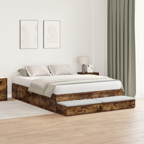 vidaXL Storage Bed Frame Smoked Oak 140x190 cm