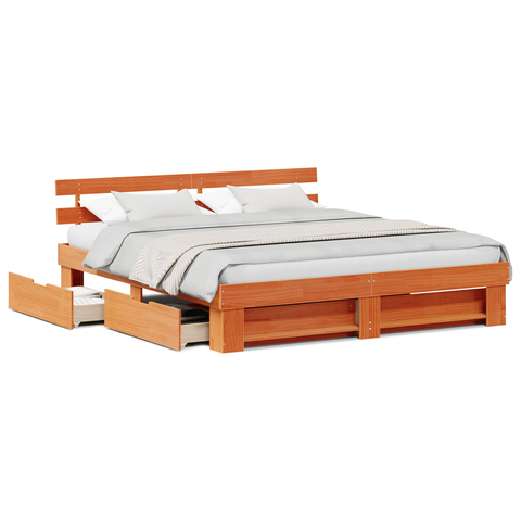 vidaXL with Drawer with Headboard with Storage Wax brown 200 x 200 cm Solid pine wood
