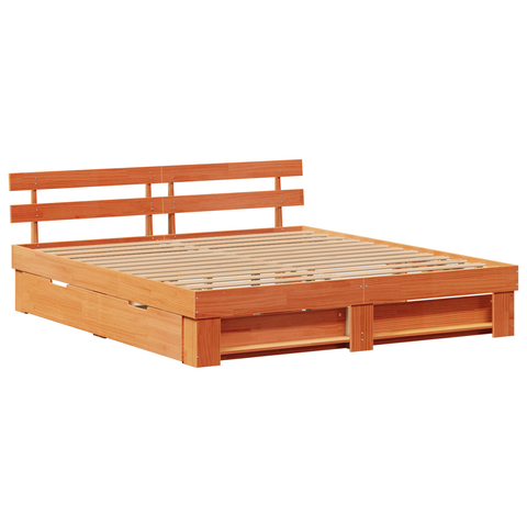 vidaXL with Drawer with Headboard with Storage Wax brown 200 x 200 cm Solid pine wood