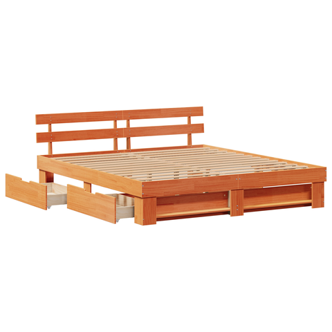 vidaXL with Drawer with Headboard with Storage Wax brown 200 x 200 cm Solid pine wood
