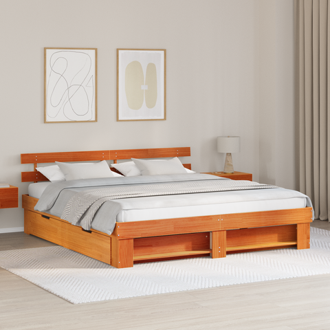 vidaXL with Drawer with Headboard with Storage Wax brown 200 x 200 cm Solid pine wood