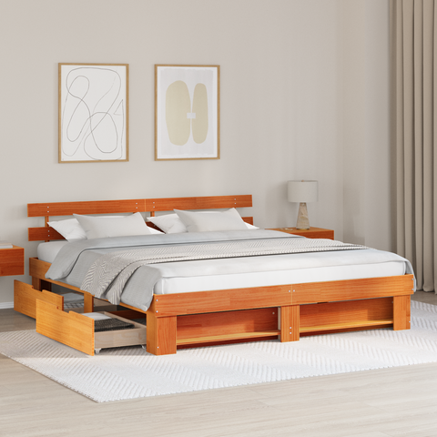 vidaXL with Drawer with Headboard with Storage Wax brown 200 x 200 cm Solid pine wood