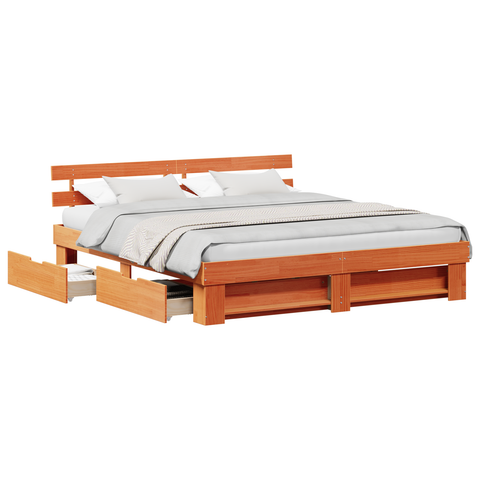vidaXL with Drawer with Headboard with Storage Wax brown 200 x 200 cm Solid pine wood